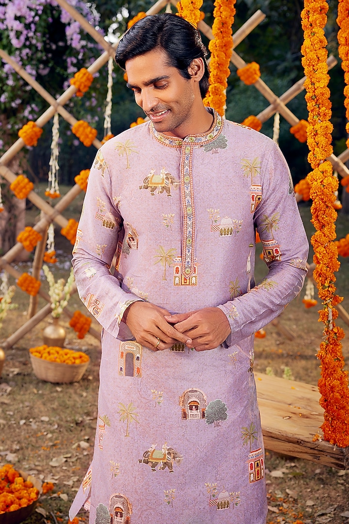 Lilac Chanderi Motif Printed & Embroidered Kurta Set by Kalista Men at Pernia's Pop Up Shop