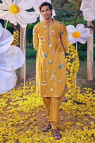 Mustard Chanderi Embroidered & Printed Kurta Set by Kalista Men