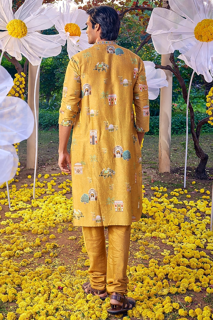 Mustard Chanderi Embroidered & Printed Kurta Set by Kalista Men at Pernia's Pop Up Shop