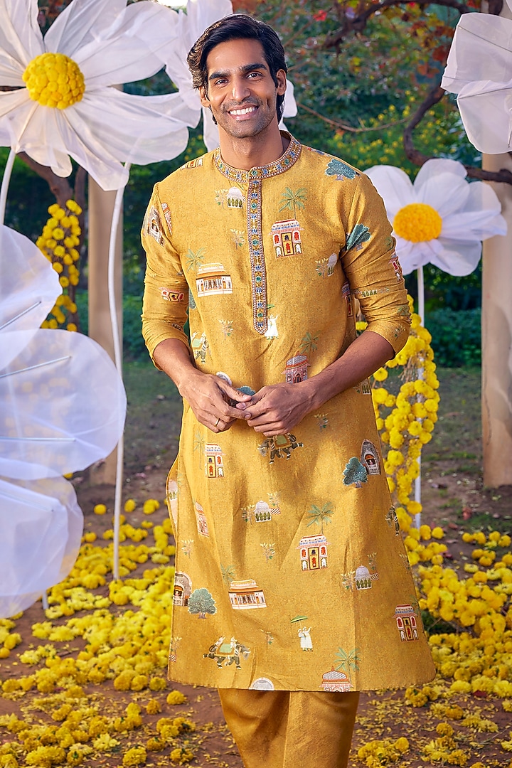 Mustard Chanderi Embroidered & Printed Kurta Set by Kalista Men at Pernia's Pop Up Shop