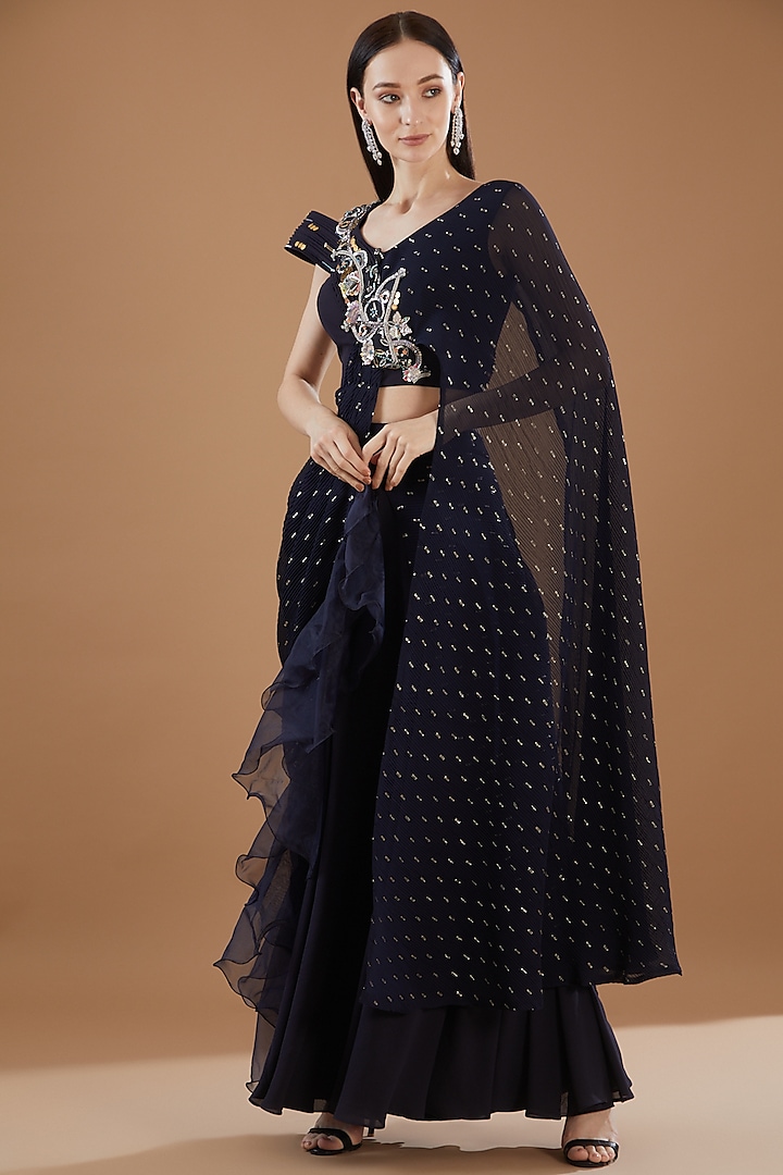 Navy Blue Georgette Hand Embroidered Pre-Draped Saree  by KM By Kavita