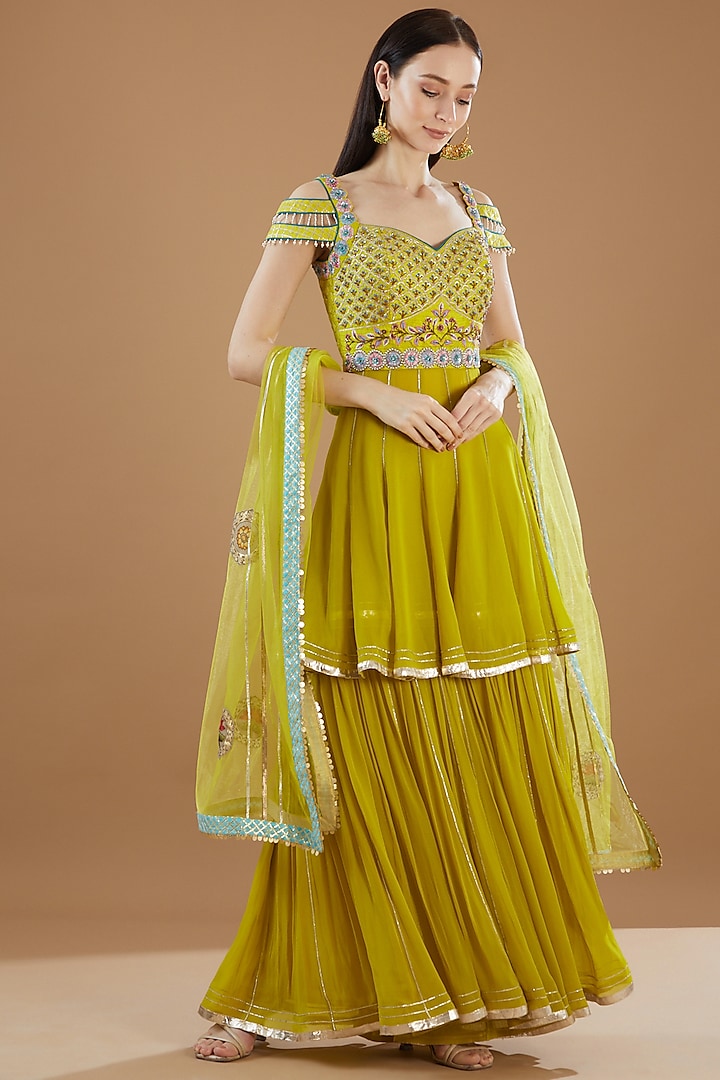 Lime Green Georgette Embroidered Sharara Set by KM By Kavita