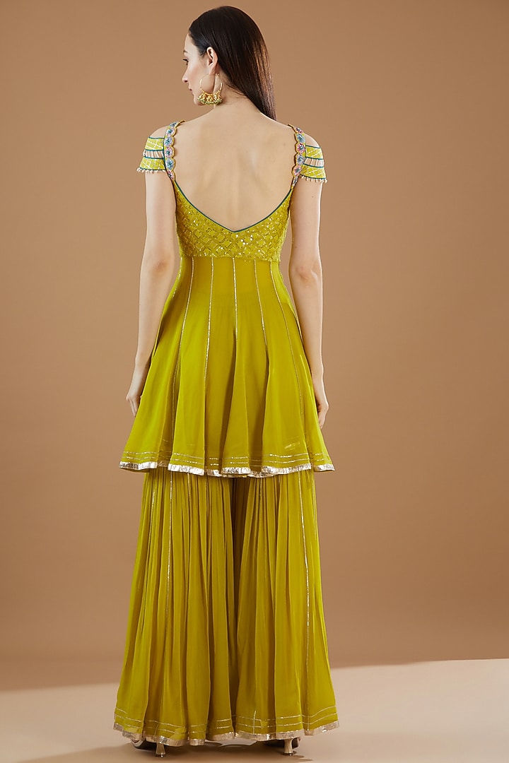Lime Green Georgette Embroidered Wedding Sharara Set by KM By Kavita at Pernia's Pop Up Shop