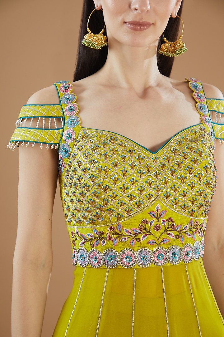 Lime Green Georgette Embroidered Wedding Sharara Set by KM By Kavita at Pernia's Pop Up Shop