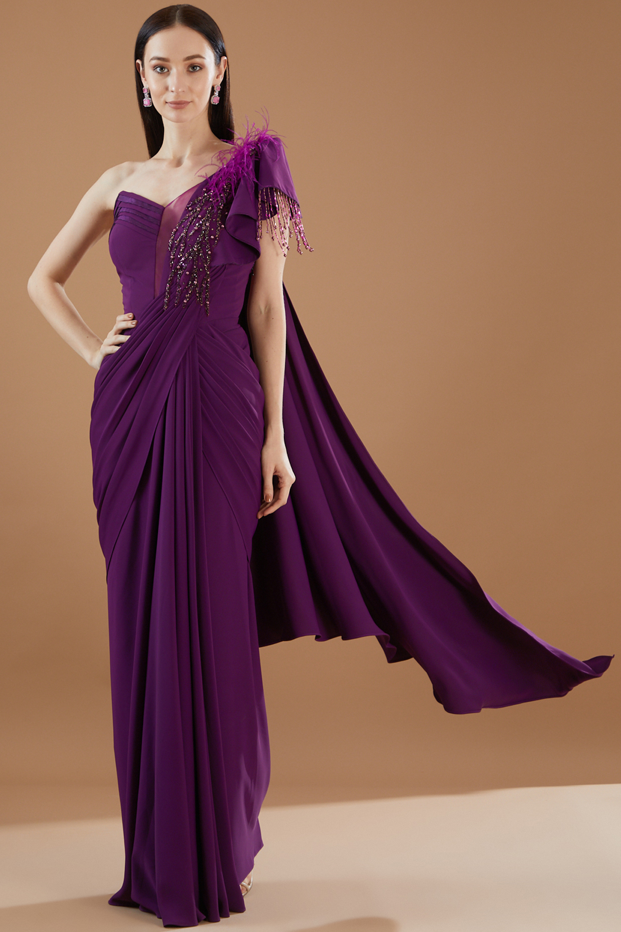 Wine Italian Crepe Hand Embroidered Pre-Draped  Saree by KM By Kavita