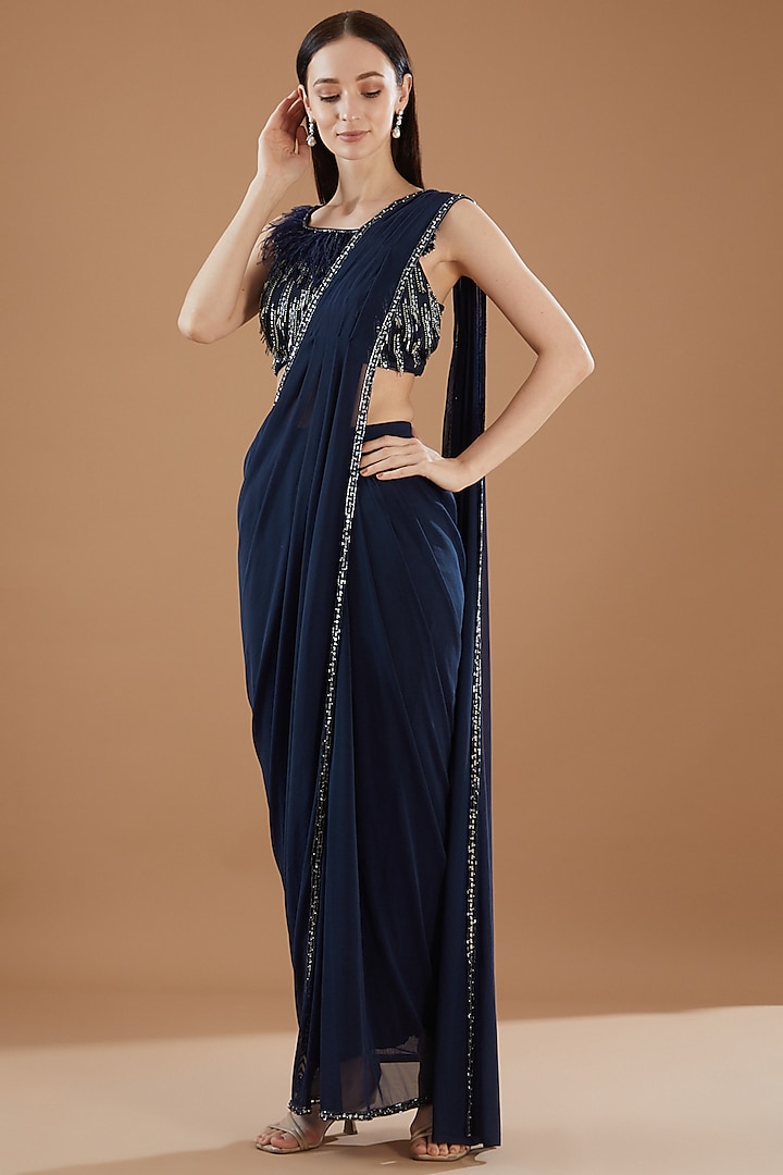 Navy Blue Tulle Hand Embroidered Draped Saree Set by KM By Kavita