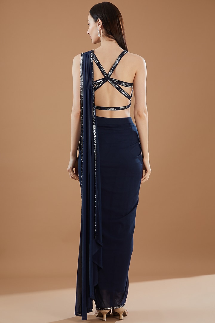 Navy Blue Tulle Hand Embroidered Draped Wedding Saree Set by KM By Kavita at Pernia's Pop Up Shop