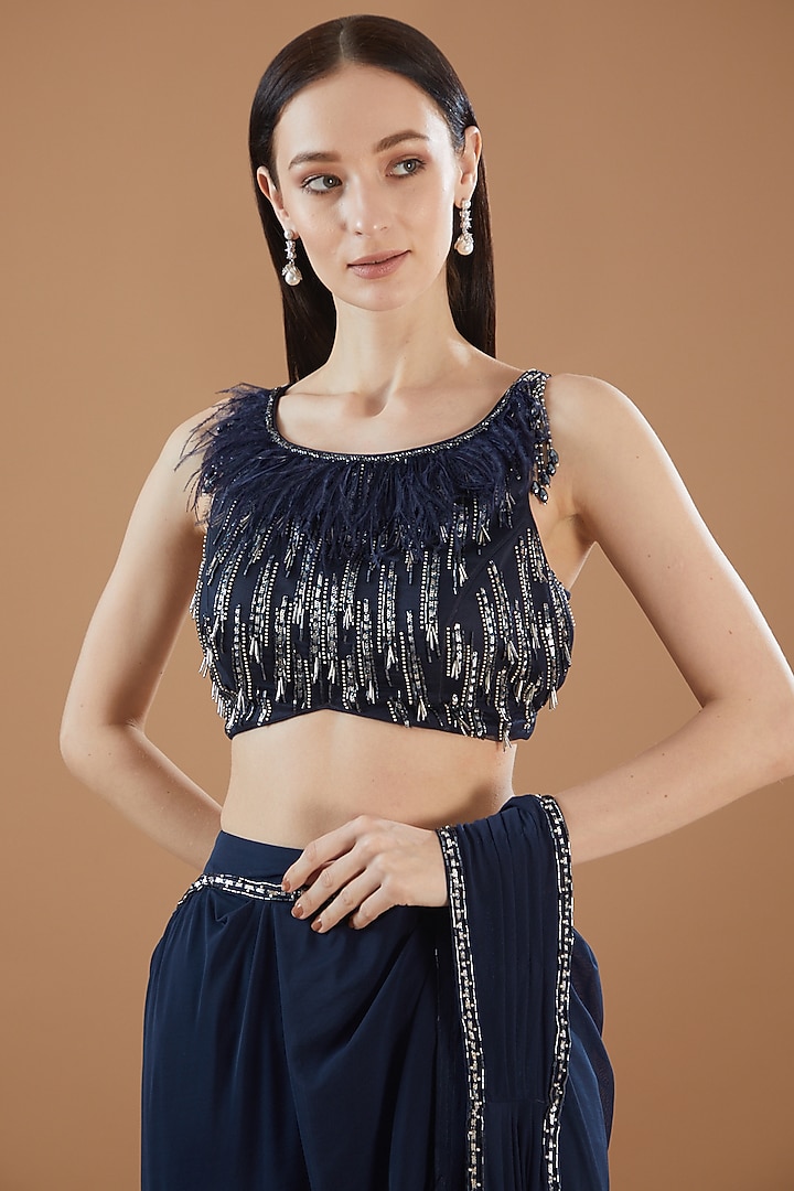 Navy Blue Tulle Hand Embroidered Draped Wedding Saree Set by KM By Kavita at Pernia's Pop Up Shop