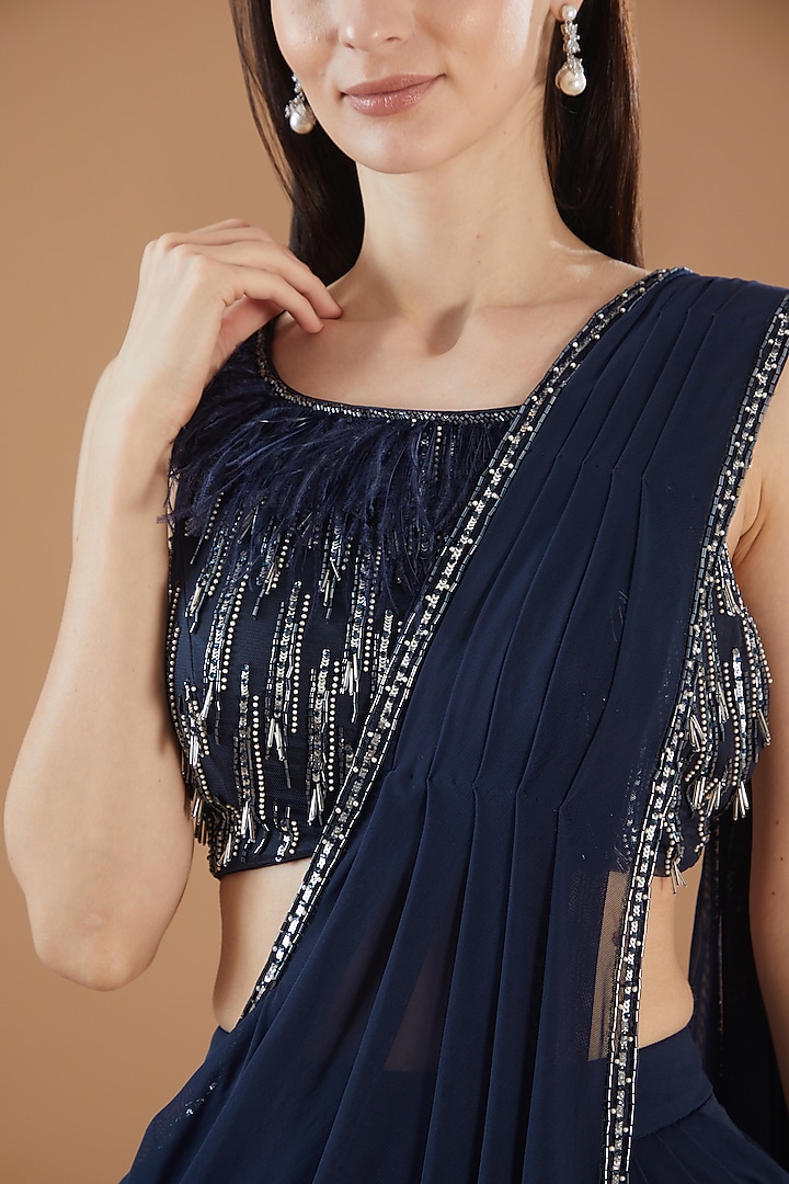 Navy Blue Tulle Hand Embroidered Draped Wedding Saree Set by KM By Kavita at Pernia's Pop Up Shop