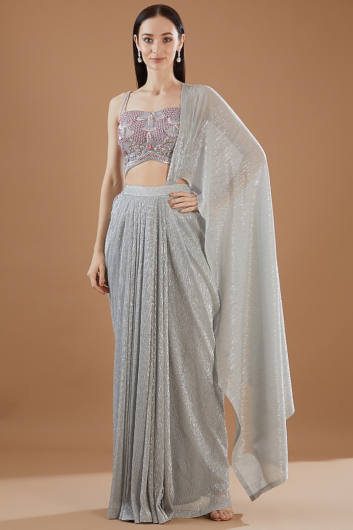Grey Crinkled Lurex Embroidered Draped Saree Set by KM By Kavita