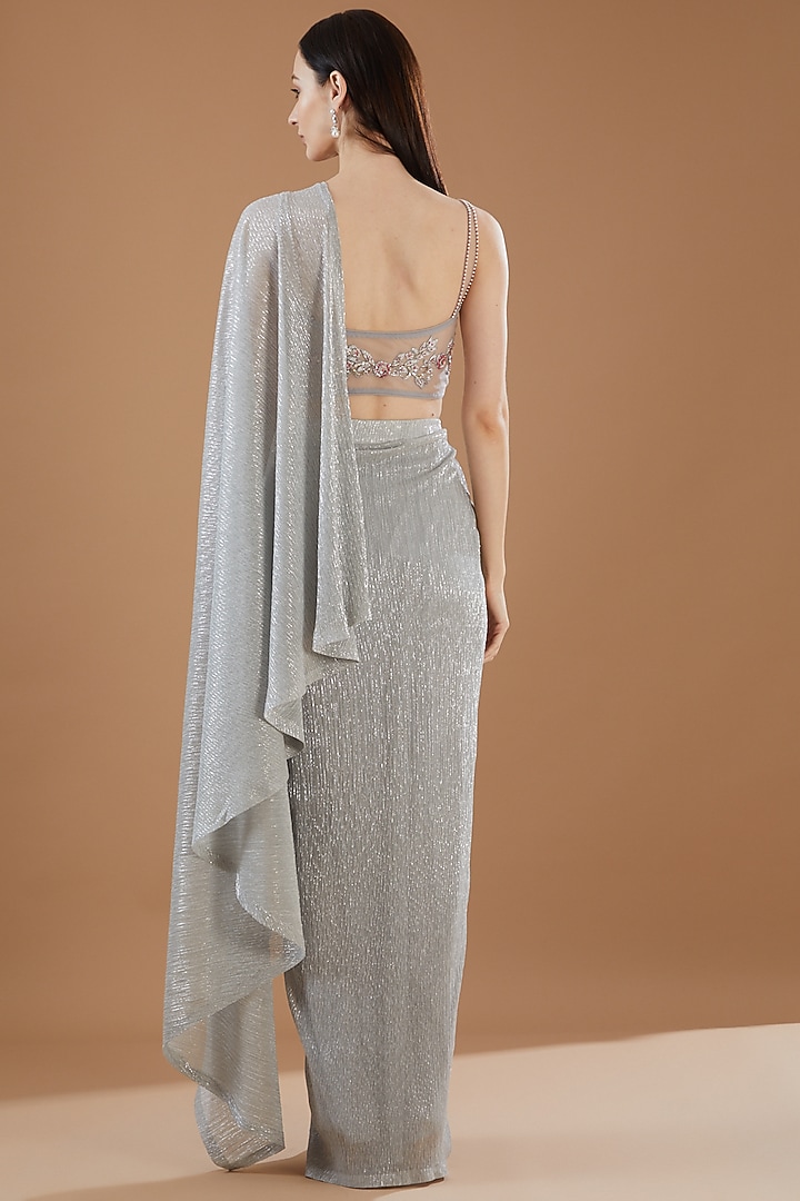 Grey Crinkled Lurex Embroidered Draped Wedding Saree Set by KM By Kavita at Pernia's Pop Up Shop