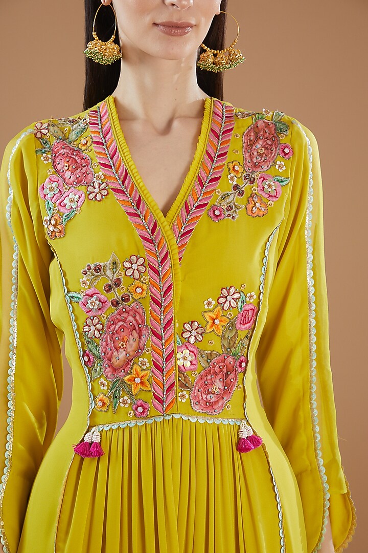 Lime Green Georgette Hand Embellished Kurta Set by KM By Kavita at Pernia's Pop Up Shop