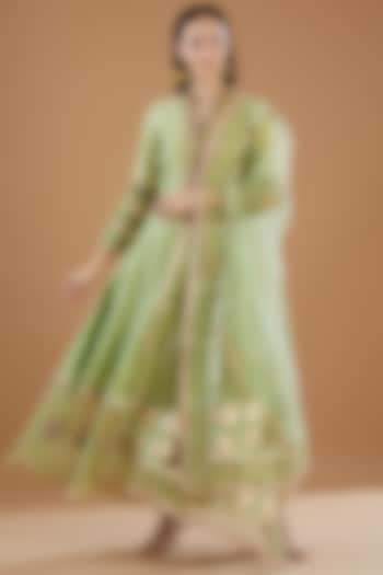 Pista Green Chanderi Embroidered Anarkali Set by KM By Kavita