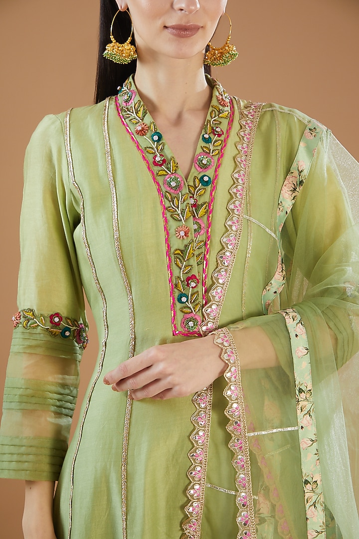 Pista Green Chanderi Embroidered Wedding Anarkali Set by KM By Kavita at Pernia's Pop Up Shop