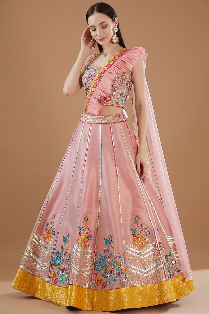 Rose Pink Silk Embroidered Lehenga Set by KM By Kavita