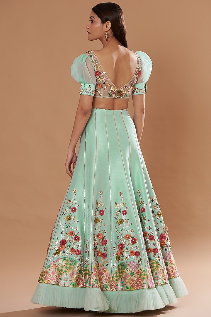 Aqua Blue Silk Hand Embroidered Wedding Lehenga Set by KM By Kavita at Pernia's Pop Up Shop