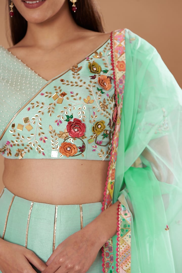 Aqua Blue Silk Hand Embroidered Wedding Lehenga Set by KM By Kavita at Pernia's Pop Up Shop