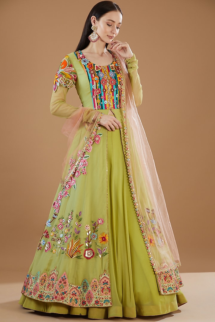 Lime Green Shimmer Georgette Embroidered Jacket Lehenga Set by KM By Kavita