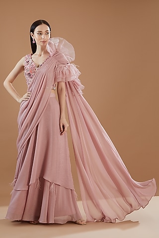 Light Onion Pink Shimmer Chiffon Pre-Draped Saree Set by KM By Kavita