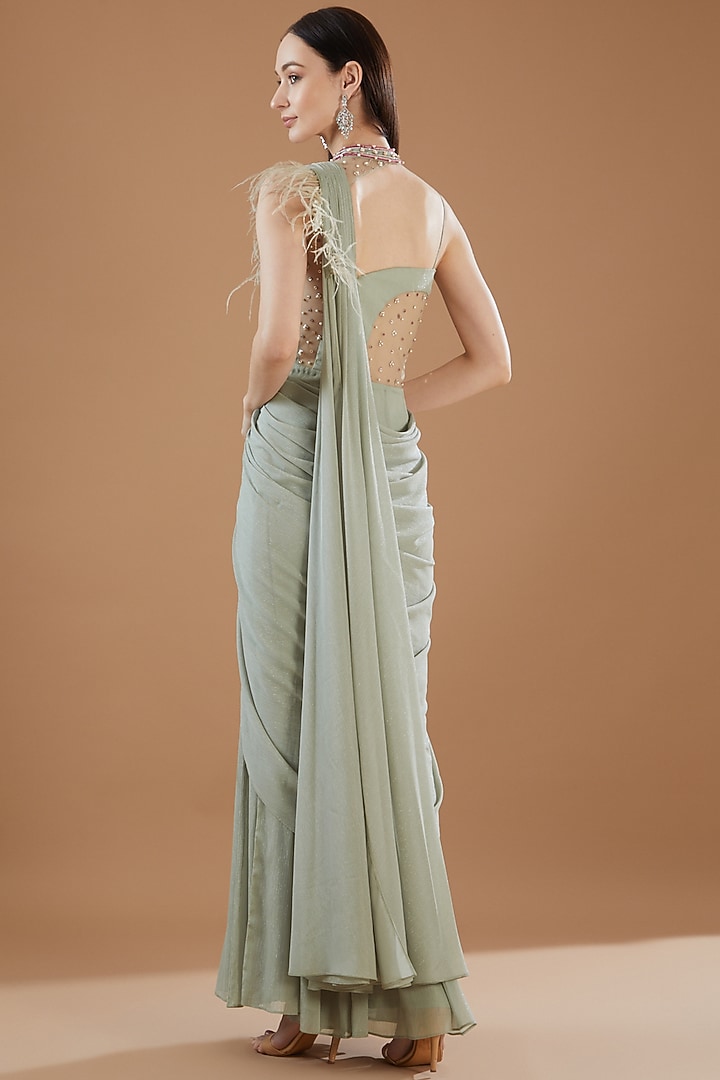 Pista Green Shimmer Chiffon Pre-Draped Party Wear Saree by KM By Kavita at Pernia's Pop Up Shop