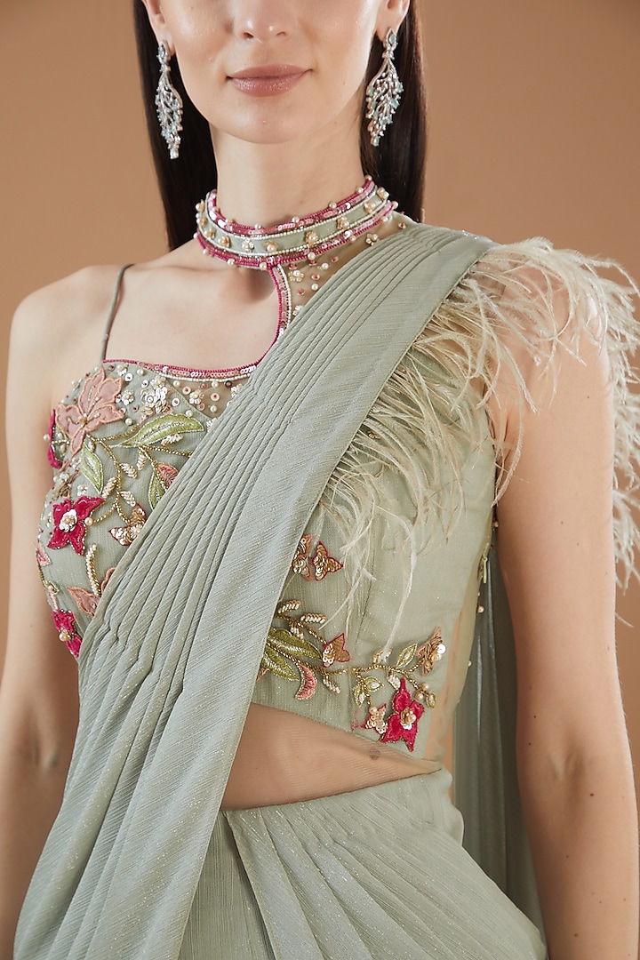 Pista Green Shimmer Chiffon Pre-Draped Party Wear Saree by KM By Kavita at Pernia's Pop Up Shop