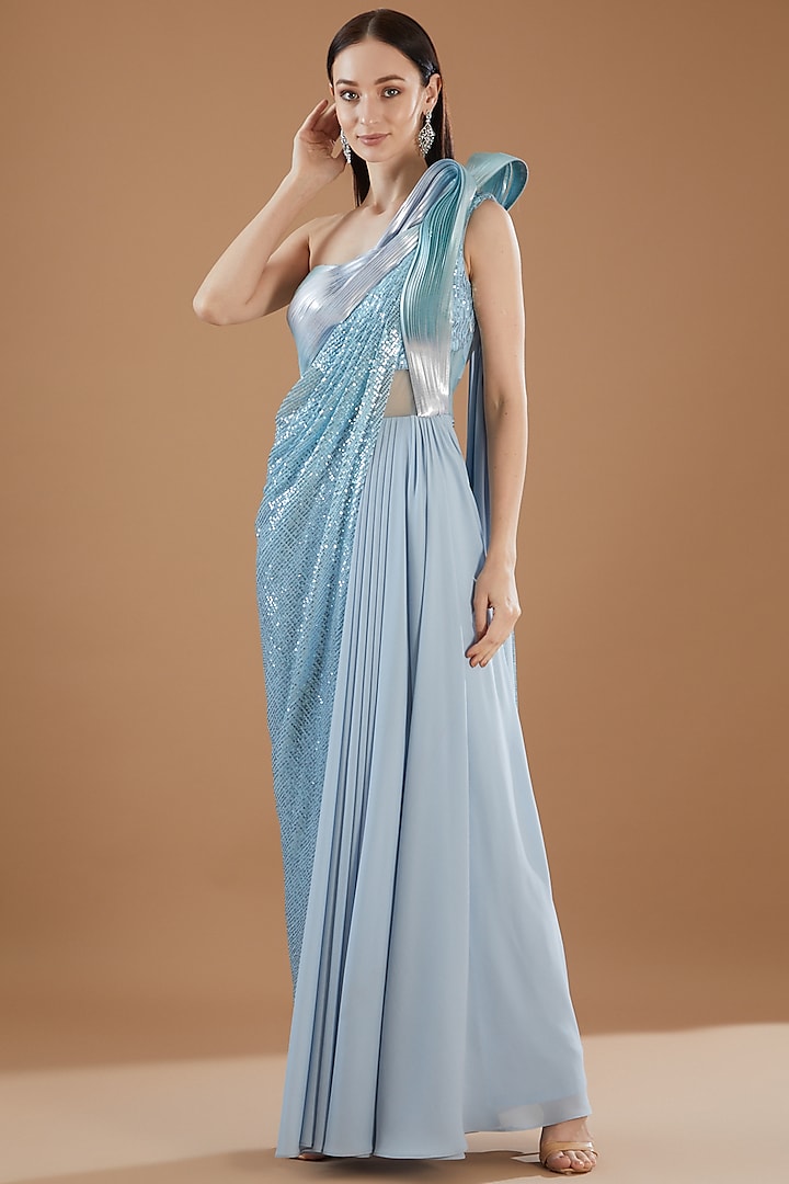 Ice Blue Georgette Pre-Draped Saree by KM By Kavita