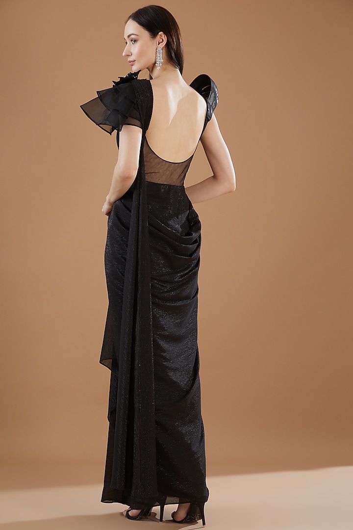 Black Shimmer Chiffon Draped Party Wear Saree by KM By Kavita at Pernia's Pop Up Shop