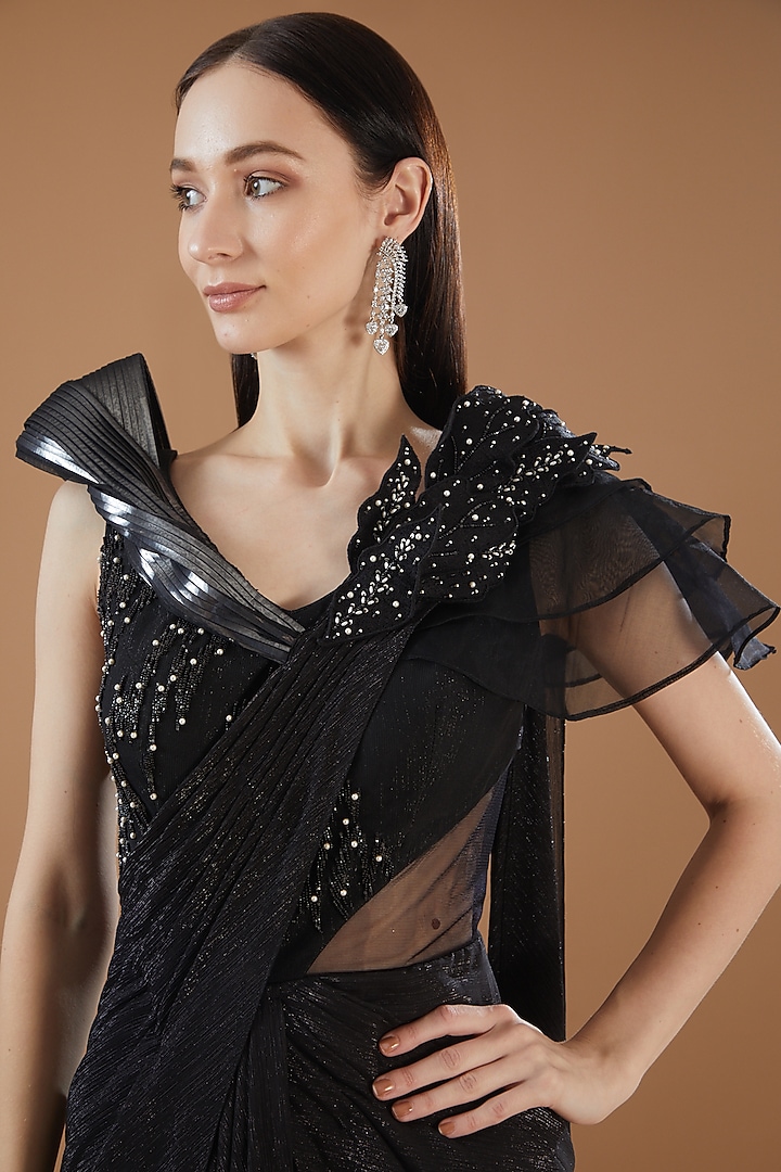 Black Shimmer Chiffon Draped Party Wear Saree by KM By Kavita at Pernia's Pop Up Shop