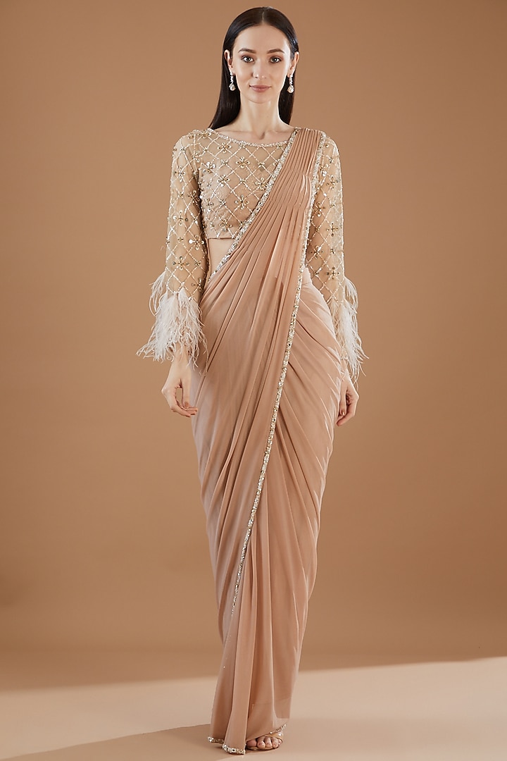 Nude Pink Tulle Pre-Stitched Saree Set by KM By Kavita