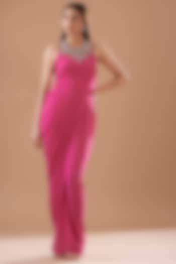 Fuchsia Pink Georgette Draped Gown by KM By Kavita