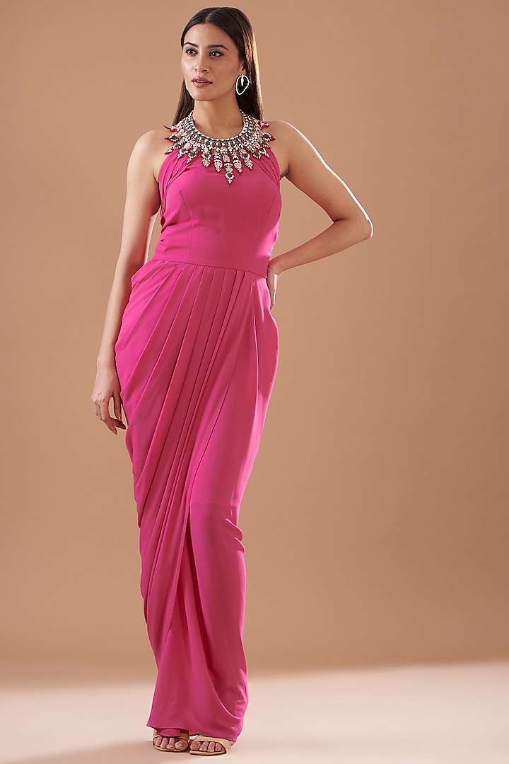 Fuchsia Pink Georgette Draped Gown by KM By Kavita