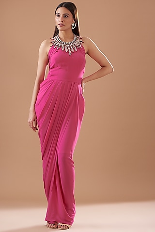 Fuchsia Pink Georgette Draped Gown by KM By Kavita