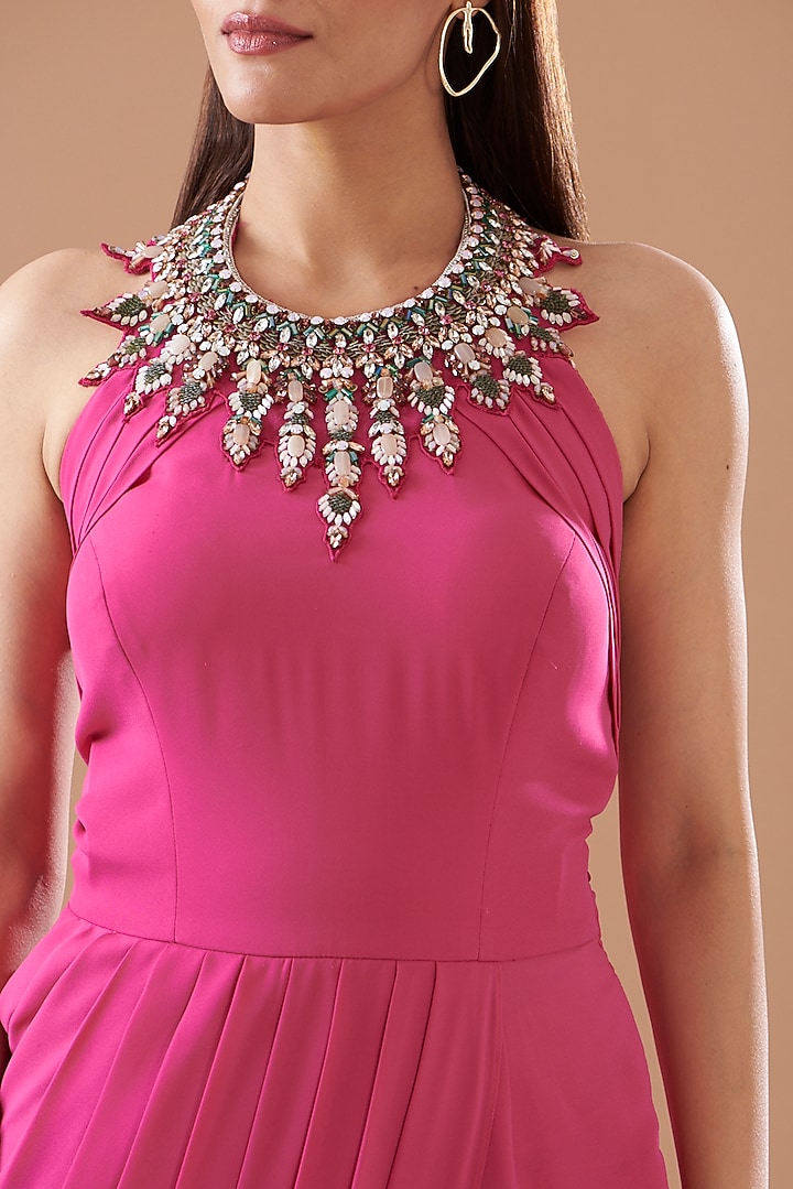 Fuchsia Pink Georgette Draped Party Wear Gown by KM By Kavita at Pernia's Pop Up Shop