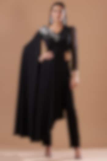 Black Royal Satin Embroidered Draped Tunic Set by KM By Kavita at Pernia's Pop Up Shop