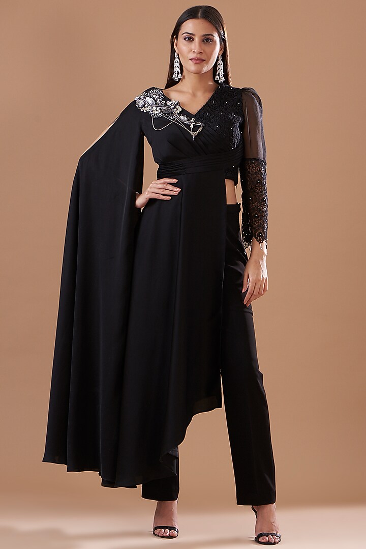 Black Royal Satin Embroidered Draped Tunic Set by KM By Kavita at Pernia's Pop Up Shop