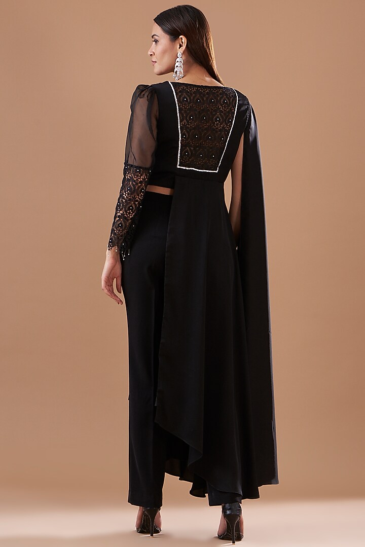 Black Royal Satin Embroidered Draped Tunic Set by KM By Kavita at Pernia's Pop Up Shop