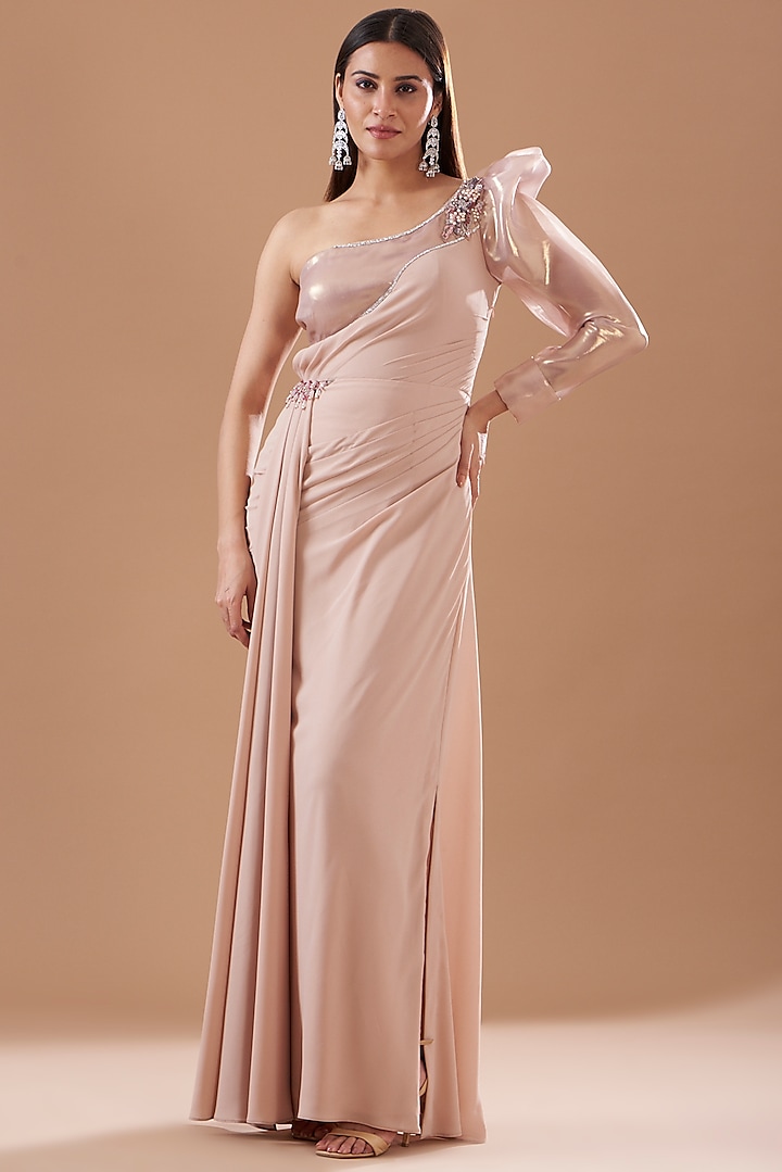 Nude Pink Georgette Embellished Gown by KM By Kavita