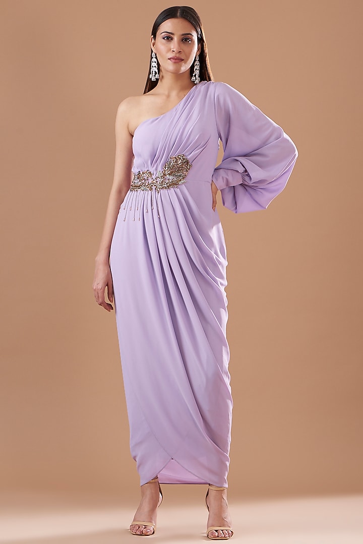 Lavender Georgette Embroidered Draped Dress by KM By Kavita