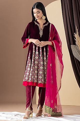 Wine Velvet Hand Embellished Kalidar Kurta Set by KM By Kavita