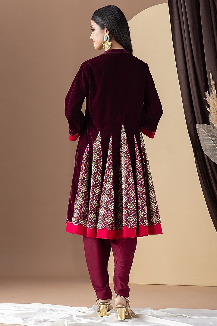Wine Velvet Hand Embellished Kalidar Kurta Set by KM By Kavita at Pernia's Pop Up Shop