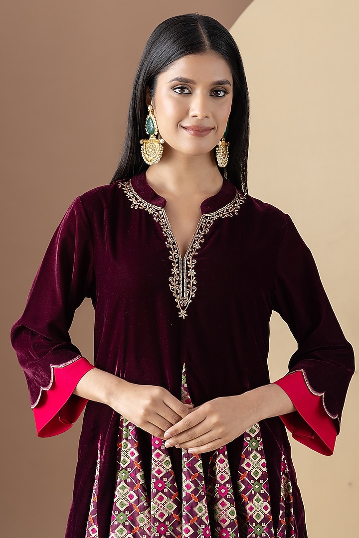 Wine Velvet Hand Embellished Kalidar Kurta Set by KM By Kavita at Pernia's Pop Up Shop