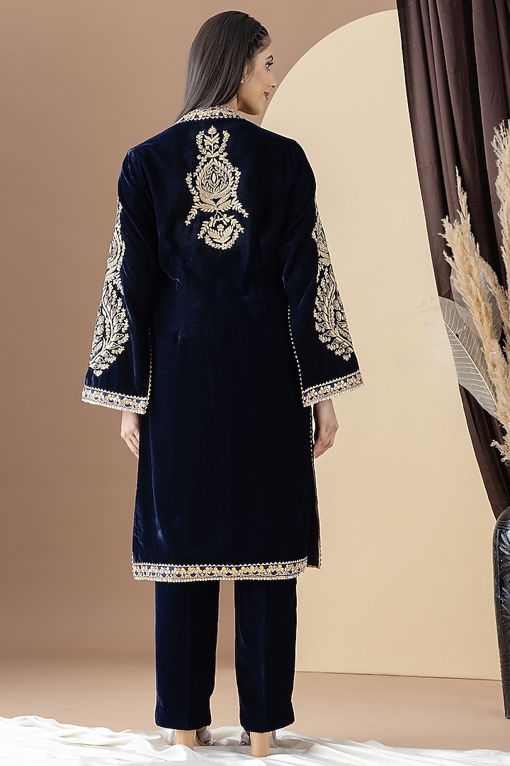 Navy Blue Velvet Hand & Machine Embroidered Achkan Style Kurta Set by KM By Kavita at Pernia's Pop Up Shop