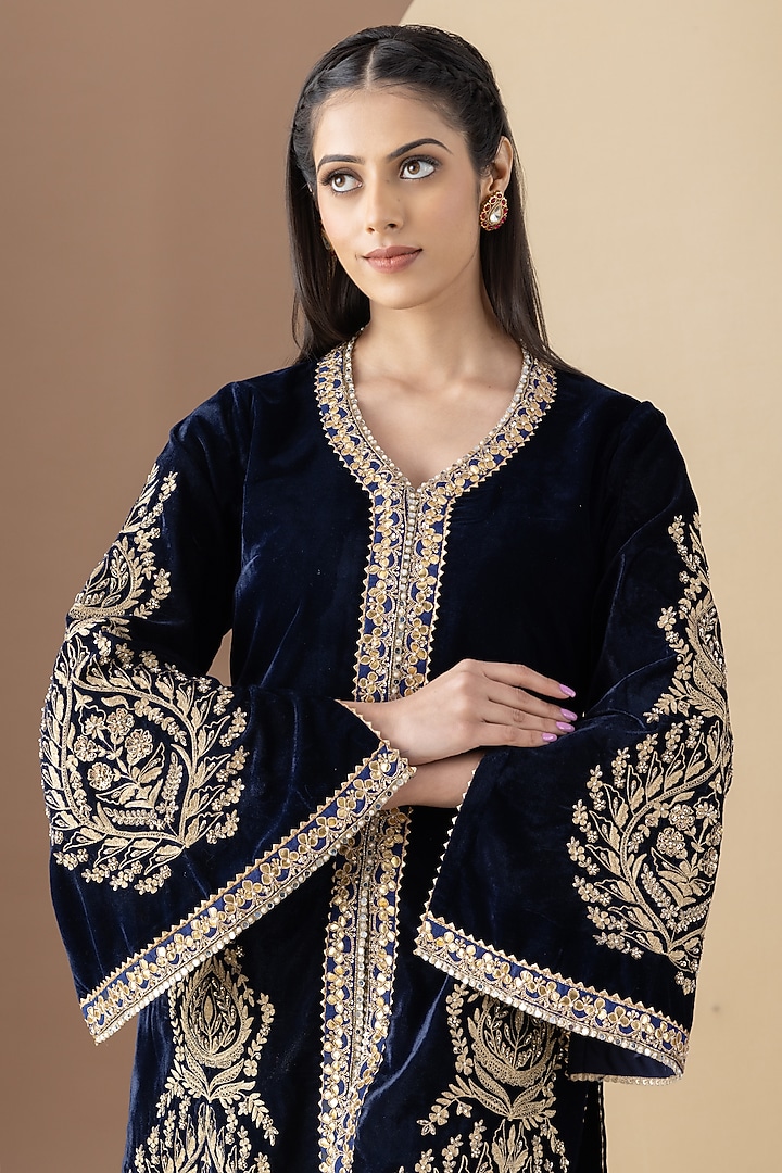 Navy Blue Velvet Hand & Machine Embroidered Achkan Style Kurta Set by KM By Kavita at Pernia's Pop Up Shop