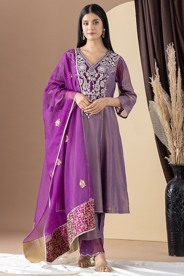 Purple Zari Embellished Shimmer Tissue Kurta Set by KM By Kavita