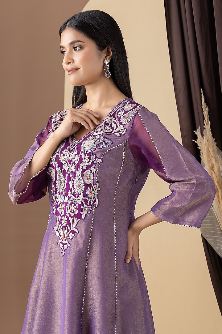 Purple Zari Embellished Shimmer Tissue Kurta Set by KM By Kavita at Pernia's Pop Up Shop