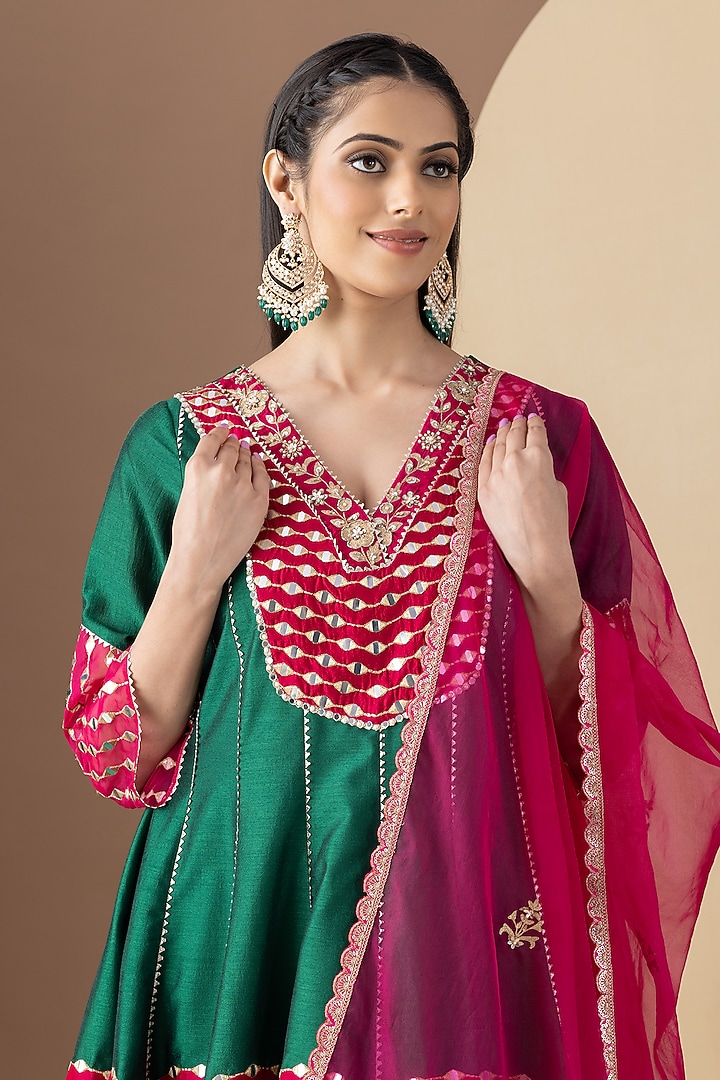 Emerald Green Bamberg Silk Sequins Embellished Kalidar Kurta Set by KM By Kavita at Pernia's Pop Up Shop