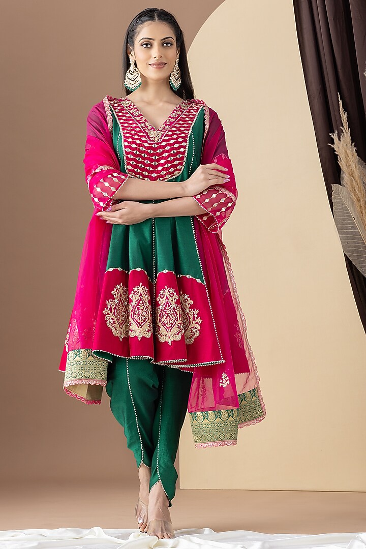 Emerald Green Bamberg Silk Sequins Embellished Kalidar Kurta Set by KM By Kavita at Pernia's Pop Up Shop