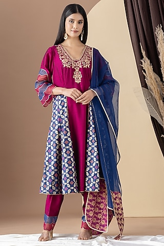 Wine & Blue Silk Zari Work Kurta Set by KM By Kavita