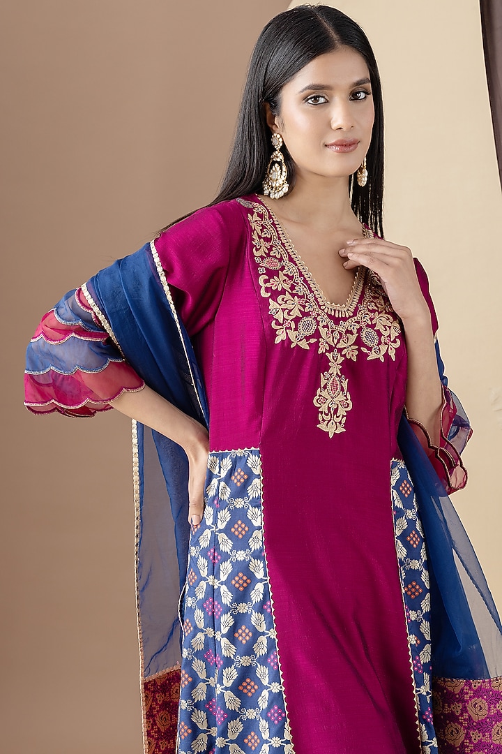 Wine & Blue Silk Zari Work Kurta Set by KM By Kavita at Pernia's Pop Up Shop