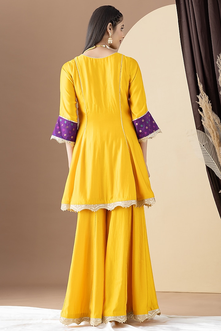 Mango Yellow Bamberg Satin Party Wear Sharara Set by KM By Kavita at Pernia's Pop Up Shop